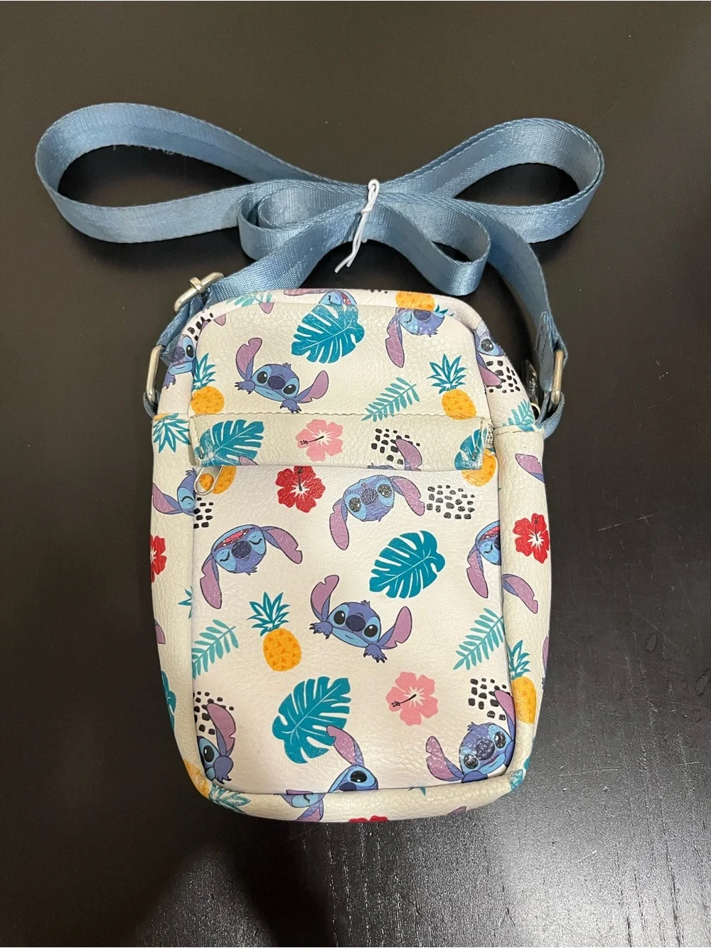Buckle down Crossbody Phone Bag in Light Blue Stitch with Tropical Stitch Print